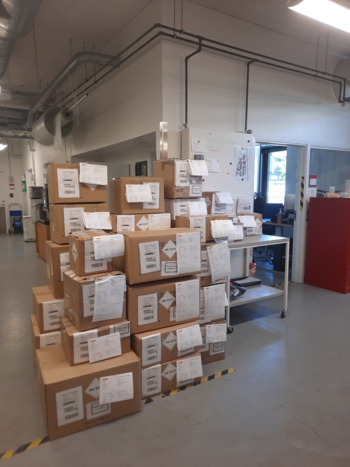 EARSS-Net EQA 2025 boxes ready for pick up and distribution, inside, 983 boxes with a total of 5898 bacterial cultures in transport media.